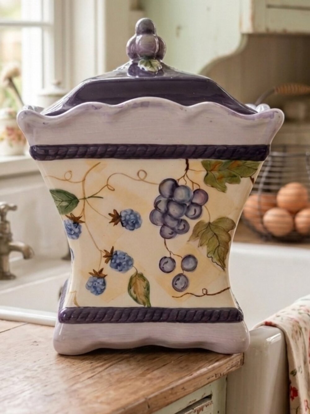 Vintage Capriware Grapes & Berries Hand Painted Ceramic Canister Large Purple